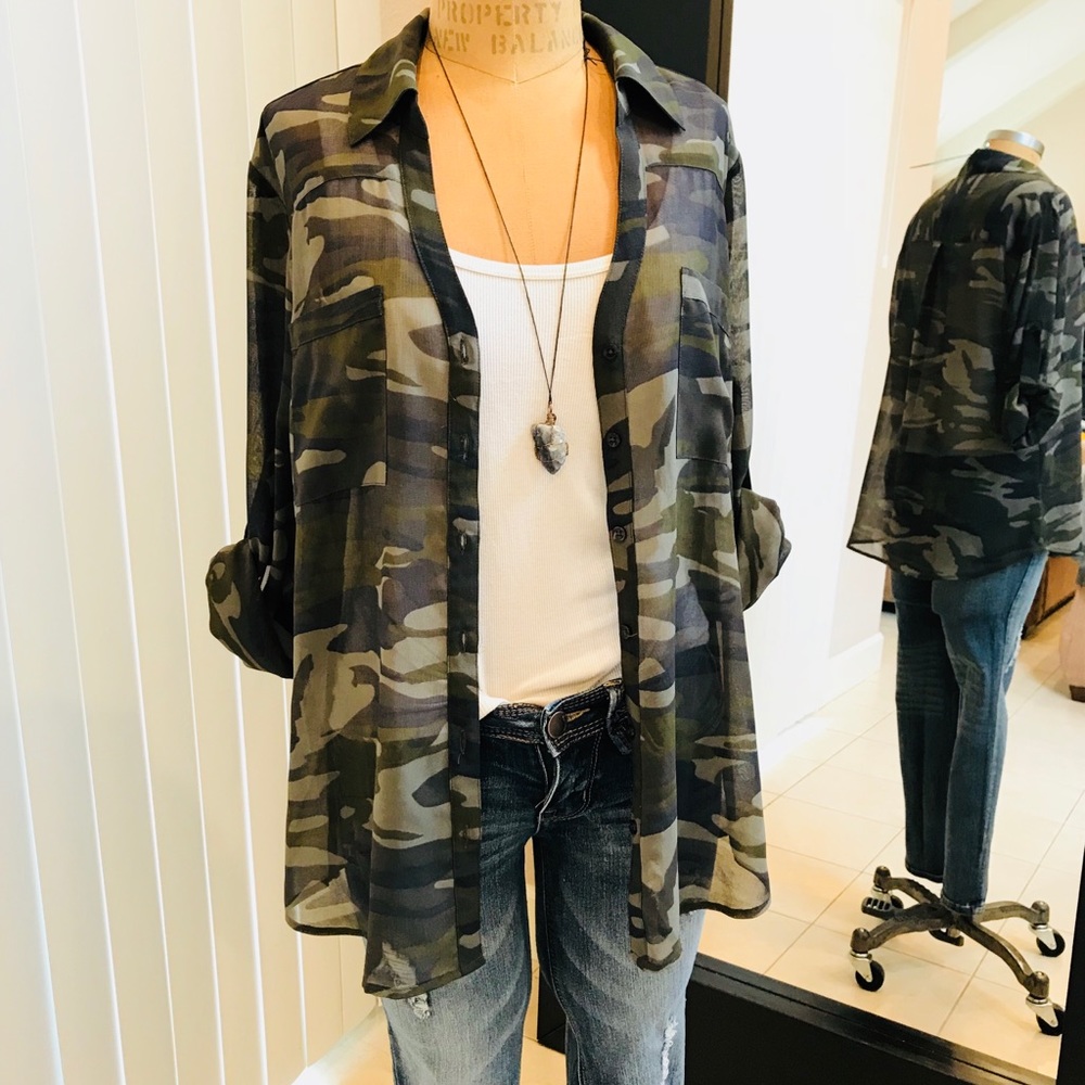 Express Portofino Sheer Camo Button Down Shirt